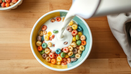 Pouring Milk into a Colorful Fruit Cereal Bowl on Wooden Table for Breakfast