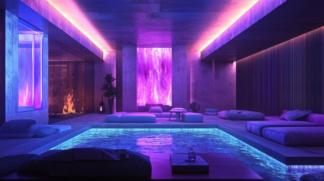 9. Lounge area with layered lighting including uplights and soft backlighting