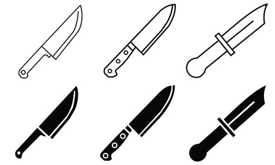 knife icon set. Kitchen knife icon vector set. knife icons in black and white colors. Scalpel vector line icon illustration collection.
