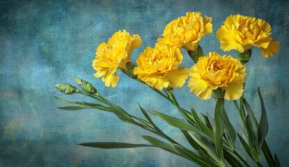 Five vibrant yellow carnations against a teal backdrop.  Close-up of delicate blossoms and stems with hints of green buds
