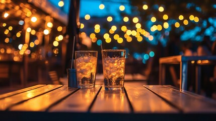 22. Rooftop bar at night with ambient lighting creating an inviting vibe