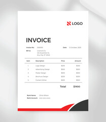 Minimalist Invoice Template with Modern Red and Black Wave Design  A4 Print Ready and Editable