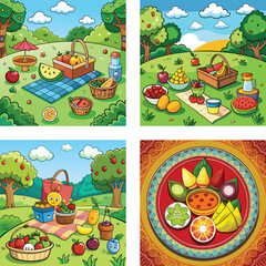 Obraz premium Cartoon Picnic Illustration Featuring Baskets Food Fruit And Playful Characters In Varied Settings