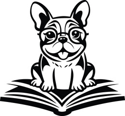 French Bulldog wearing glasses and sitting on an open book silhouette vector art, Bulldog with book line art vector illustration, French Bulldog wearing glasses and sitting on an open book vector icon