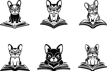 French Bulldog wearing glasses and sitting on an open book silhouette vector art, Bulldog with book line art vector illustration, French Bulldog wearing glasses and sitting on an open book vector set