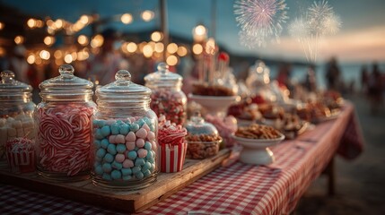 Colorful candy jars and treats at festive outdoor party