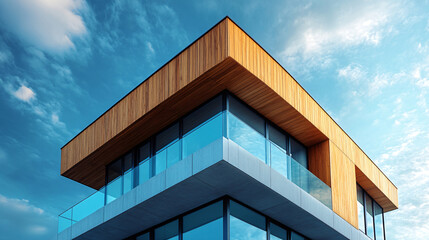 Modern Architectural Design with Wooden and Glass Facade Against Sky