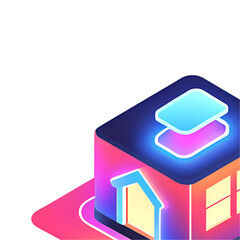 Glowing smart home 3D icon in isometric view, sleek neon gradient style with cyber pink and electric blue tones, futuristic IoT design, circuit patterns, ambient lighting. Transparent background