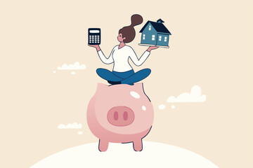 Personal finance money management, expense, cost and budget calculation for education, housing mortgage or car loan concept, smart woman on piggy bank with calculator, house, car and graduate hat.
