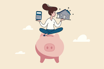 Personal finance money management, expense, cost and budget calculation for education, housing mortgage or car loan concept, smart woman on piggy bank with calculator, house, car and graduate hat.