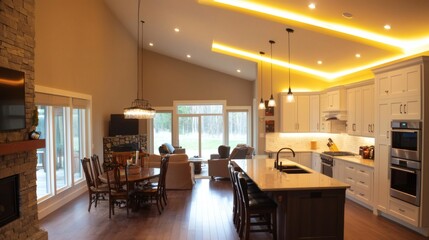 65. Open concept kitchen and living space with ambient ceiling lights