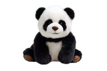 Adorable plush panda toy sitting on black background