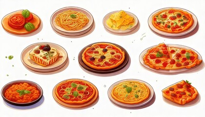 Delicious Italian Food Collection Pizza Pasta and Appetizers Illustration