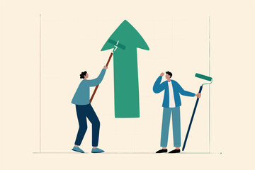Business profit growth, improvement or career development, investment earning rising up or partnership to help grow business concept, businessman partner help painting growth green arrow graph.