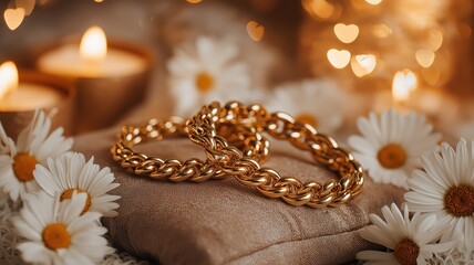 Golden friendship bracelets intertwined on velvet with daisies, celebrating bonds and heartfelt connections on International Friendship Day.