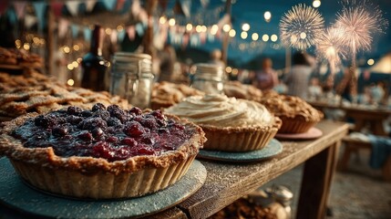 Naklejka premium Delicious pies at festive outdoor event fireworks background