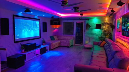 92. Entertainment room with ambient colored lighting and projector