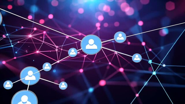 A network of interconnected people icons with vibrant purple and blue bokeh background, suggesting connections and relationships