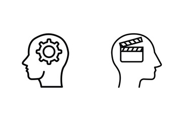 Creative vs Analytical Thinking Head Icons Featuring Gear and Clapperboard Symbols in Minimalist Design