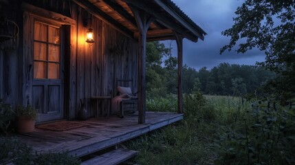 Fototapeta premium 101. Cabin porch with ambient lantern lighting at night