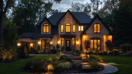 104. Home exterior with ambient lighting and garden accents