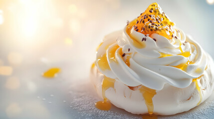 Fototapeta premium A meringue dessert with whipped cream and orange drizzle on a light surface.