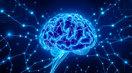 A glowing blue digital brain visualized with interconnected neural lines and particles, symbolizing artificial intelligence, deep learning, and futuristic data processing. Ideal for themes of AI, inno
