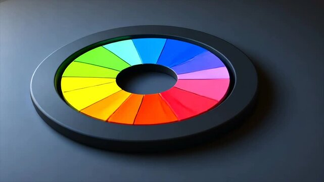 Elevated view of a spectrum of colorful, triangular tiles set within a dark ring, contrasted against a dark gray gradient backdrop