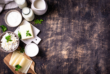 Dairy products. Milk, cottage cheese, cream, butter and yogurt