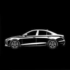 Obraz premium Sleek Sedan Silhouette: A striking monochrome line art illustration depicts a modern sedan's profile, showcasing its elegant curves and aerodynamic design.