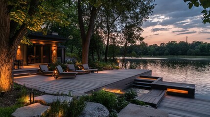119. Lakeside deck with ambient lighting and chairs