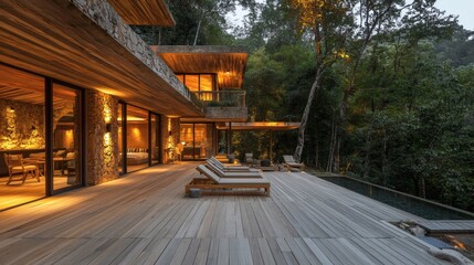 128. Wood deck with ambient lighting and lounge chairs