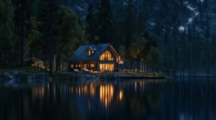 Fototapeta premium 127. Lakeside cabin with ambient lighting and reflection in water