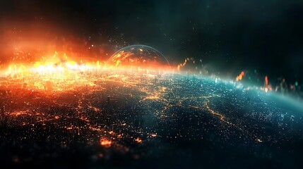 Futuristic trading floor investors monitoring global markets digital landscape sci-fi environment aerial view