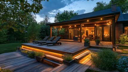 128. Wood deck with ambient lighting and lounge chairs