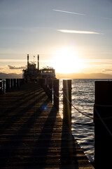 Historic Steamboat Ferry Docked on Lake Tahoe at Sunset

