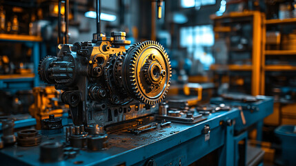 Fototapeta premium Detailed Mechanical Engine Component on Workshop Table with Tools