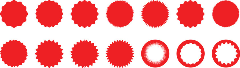 Set of circles with zigzag edges, Sunburst sticker shapes, starburst zigzag badge, sale sticker, starburst, quality mark, retro silhouette. Sunburst retro sale badge, quality signs,
