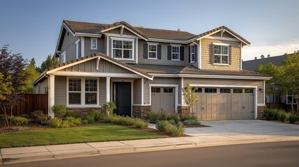 Modern suburban house with clean lines, bathed in soft afternoon light. Minimalist elegance in residential architecture.