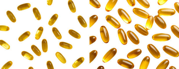 Golden Fish Oil Capsules Scattered on Light Surface Isolated transparent background  PNG