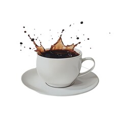 Coffee splash in white cup isolated on white background