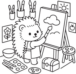 In this black and white drawing, a charming hedgehog is seen joyfully painting on an easel, showcasing its artistic skills and creativity
