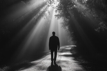 Silhouette of a solitary man walking towards ethereal light in forest road