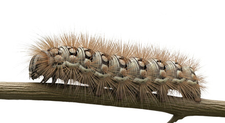 Detailed macro photograph of a hairy caterpillar ????? on a branch. Highlights intricate textures and colors of the insect larva in its natural habitat.