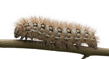 Detailed macro photograph of a hairy caterpillar ????? on a branch. Highlights intricate textures and colors of the insect larva in its natural habitat.