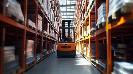 A busy warehouse scene showcasing a forklift navigating through rows of metal racks filled with materials, highlighting industrial efficiency and storage solutions.