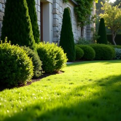 Obraz premium Green grass near the stone wall outdoors