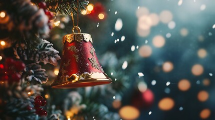 A decorative christmas bell ornament hanging on a snowy christmas tree.