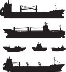 Silhouette of Cargo Ships and Boats Vector Illustration: Transportation, Maritime, Shipping, Vessels, Black and White Graphic Design