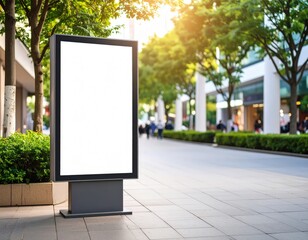 Blank advertising billboard on a city sidewalk with blurred pedestrians and sunlit trees